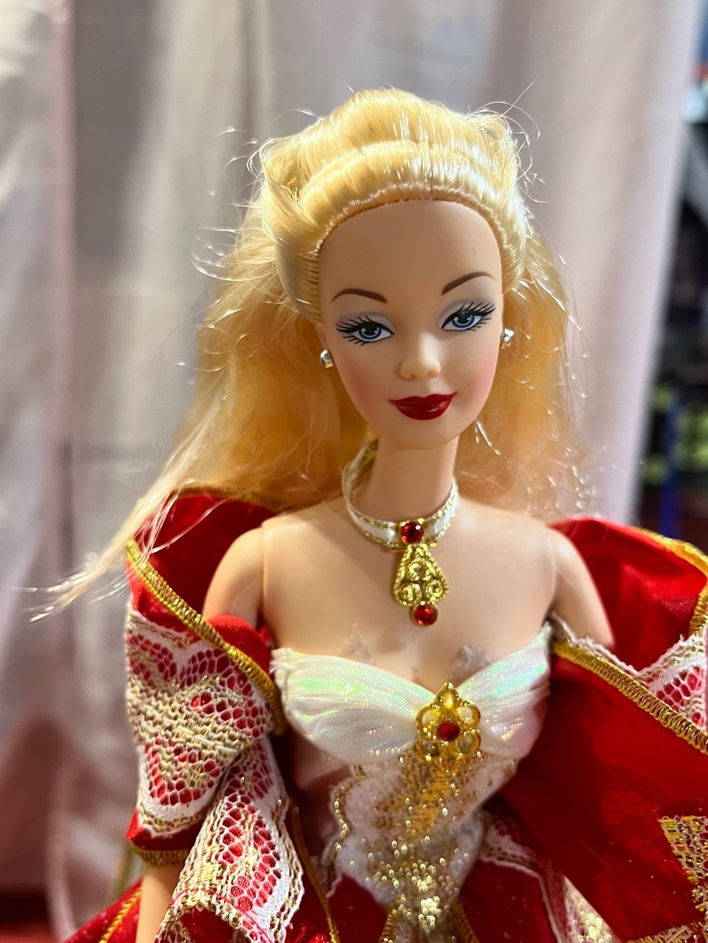Millennial Barbie redressed in Red and Gold vintage 1993 Christmas gown
